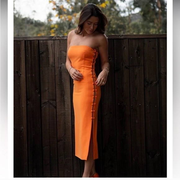 NWT Gianni Binix Caelynn Bell Tori Crepe Side Button Cut Out Strapless Dress 2 - Picture 2 of 8